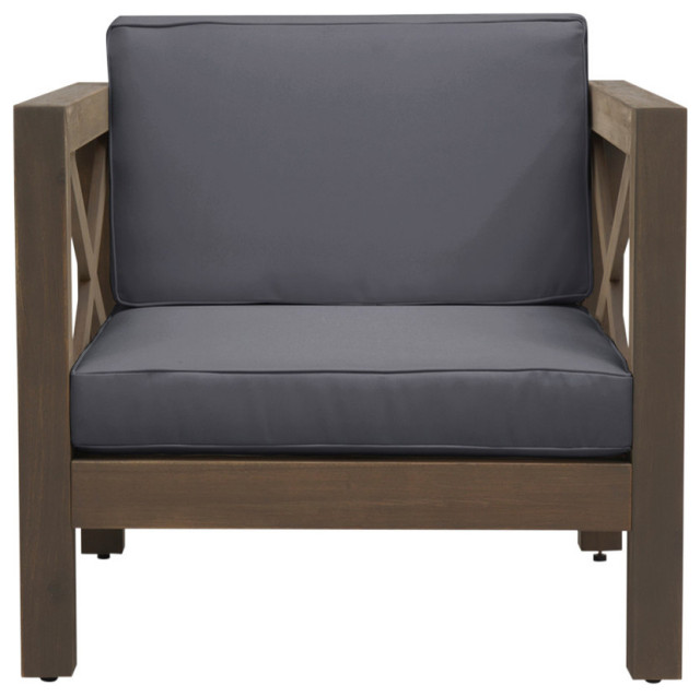 Indira Outdoor Acacia Wood Club Chair With Cushion, Dark Gray
