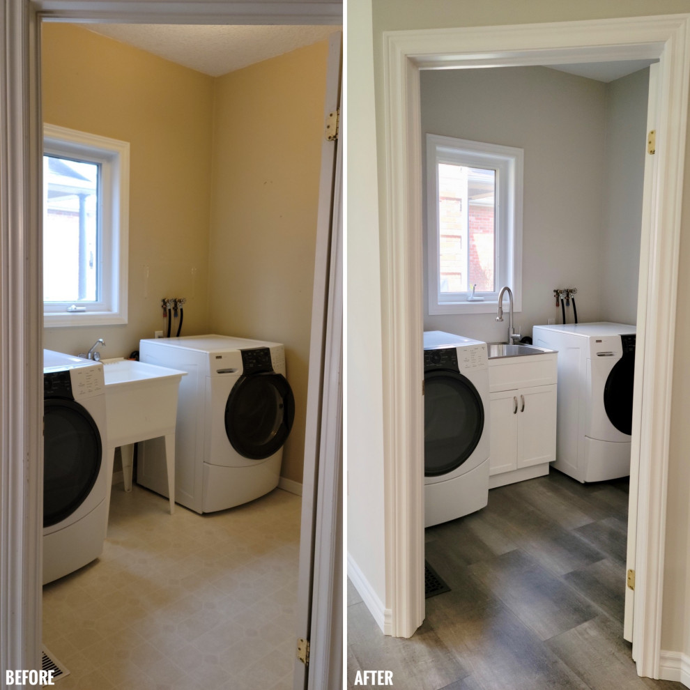 Example of a mid-sized transitional u-shaped vinyl floor eat-in kitchen design with an undermount sink, recessed-panel cabinets, blue cabinets, quartzite countertops, white backsplash, porcelain backsplash, black appliances, a peninsula and black countertops
