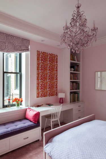 Photo of a contemporary bedroom in New York with pink walls and carpet.