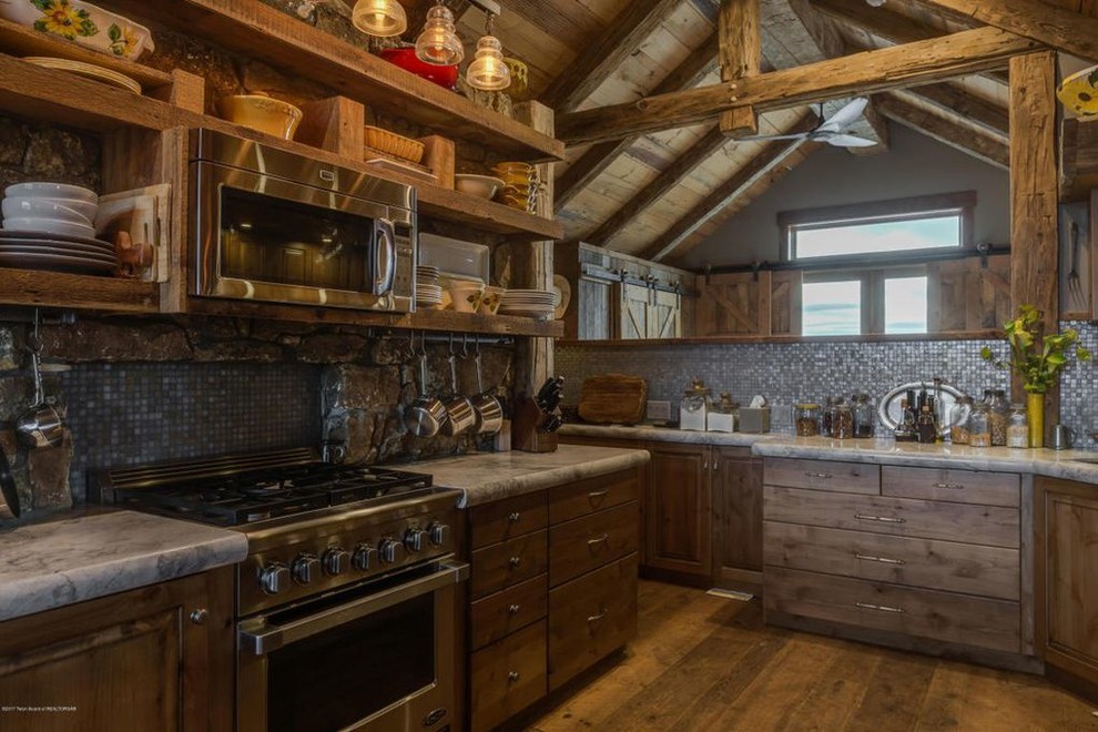 Design ideas for a medium sized rustic grey and brown l-shaped enclosed kitchen in Other with a double-bowl sink, open cabinets, dark wood cabinets, granite worktops, metallic splashback, ceramic splashback, stainless steel appliances, medium hardwood flooring, no island, brown floors, grey worktops and exposed beams.