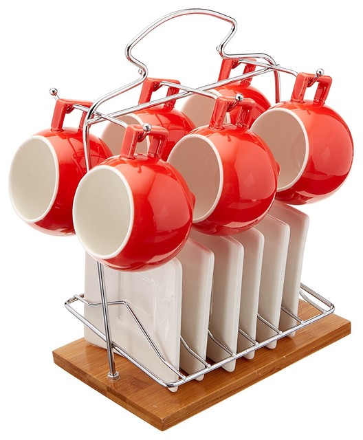 Uniware Set of 6 Porcelain Espresso Cups Set With Saucers, Red and