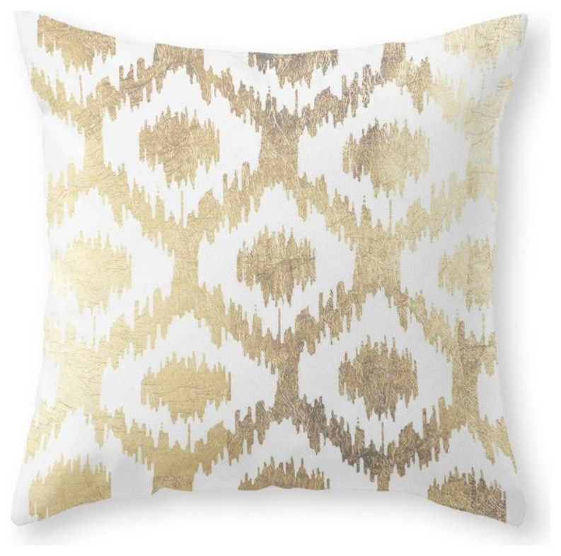 Modern White Hand Drawn Ikat Pattern Faux Gold Couch Throw Pillow - Cover (16  x