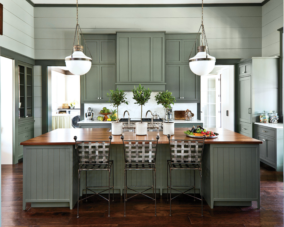 Inspiration for a large country galley eat-in kitchen in Nashville with a double-bowl sink, beaded inset cabinets, green cabinets, marble benchtops, white splashback, stainless steel appliances, dark hardwood floors and with island.
