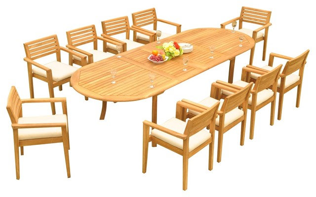 11 Piece Teak Dining Set 117 Extension Oval Table 10 Montana Stacking Chairs