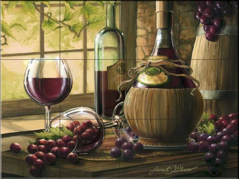 Cheese and Grapes II Ceramic Tile Mural by Janet Stever Kitchen backsplash//Bathroom Shower