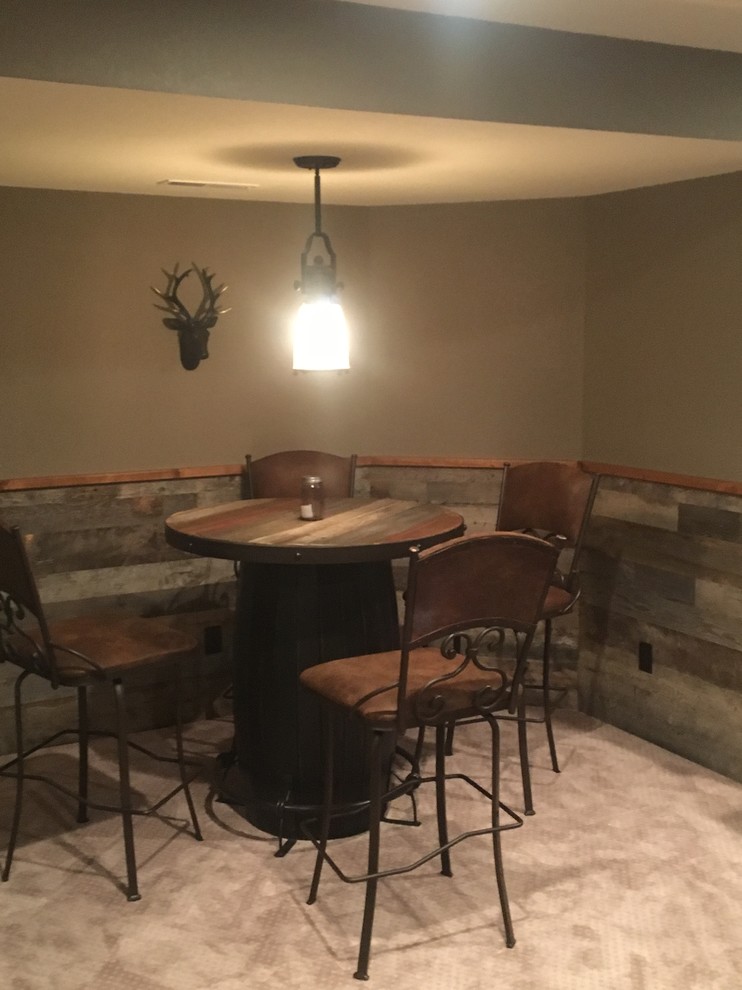 Enclosed dining room - mid-sized rustic carpeted and beige floor enclosed dining room idea with gray walls