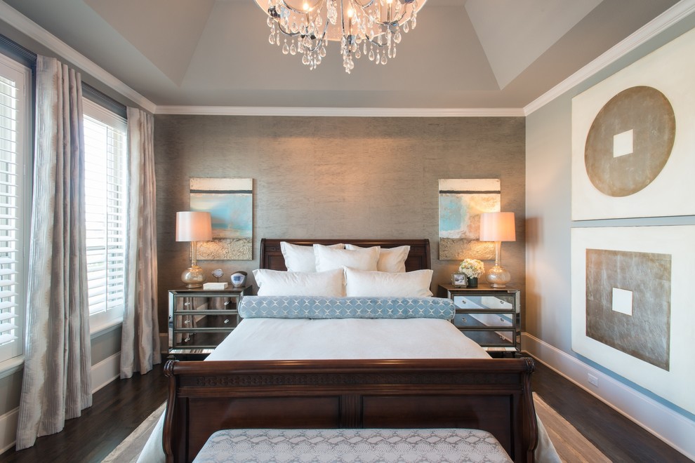 This is an example of a mid-sized contemporary master bedroom in Dallas with grey walls and dark hardwood floors.