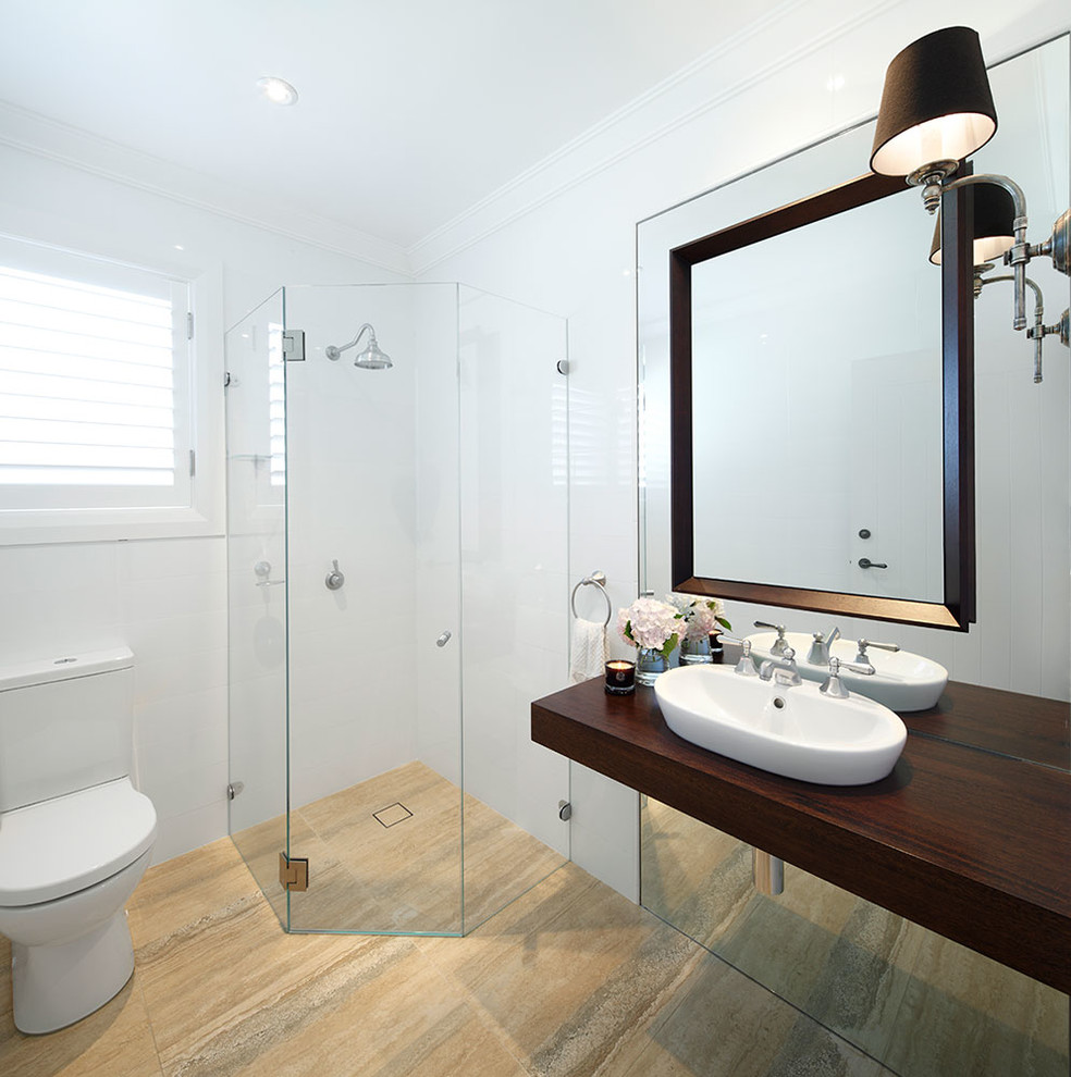 Design ideas for a large contemporary master bathroom in Sydney with white tile and wood benchtops.