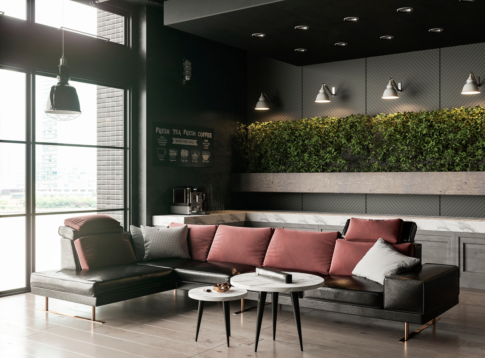 Визуализация дивана в зоне отдыха холла офисного помещения.