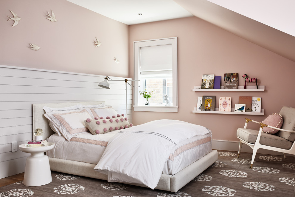Heart of Hoboken Family Residence - Inspiration for a bedroom and large transitional girl medium tone wood floor and brown floor kids' bedroom remodel in Los Angeles with pink walls