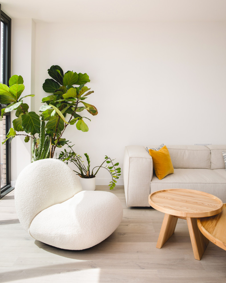 Idee per un soggiorno minimalista di medie dimensioni e aperto con pareti bianche, pavimento in legno massello medio, nessun camino, TV autoportante e pavimento beige