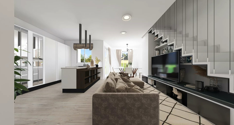 Idee per un soggiorno minimalista di medie dimensioni e aperto con pavimento in gres porcellanato e soffitto ribassato