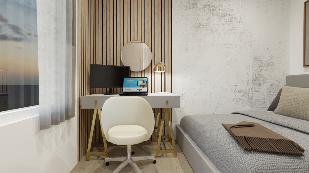 Kleines Modernes Schlafzimmer mit beiger Wandfarbe, hellem Holzboden, beigem Boden und Wandpaneelen in Sonstige