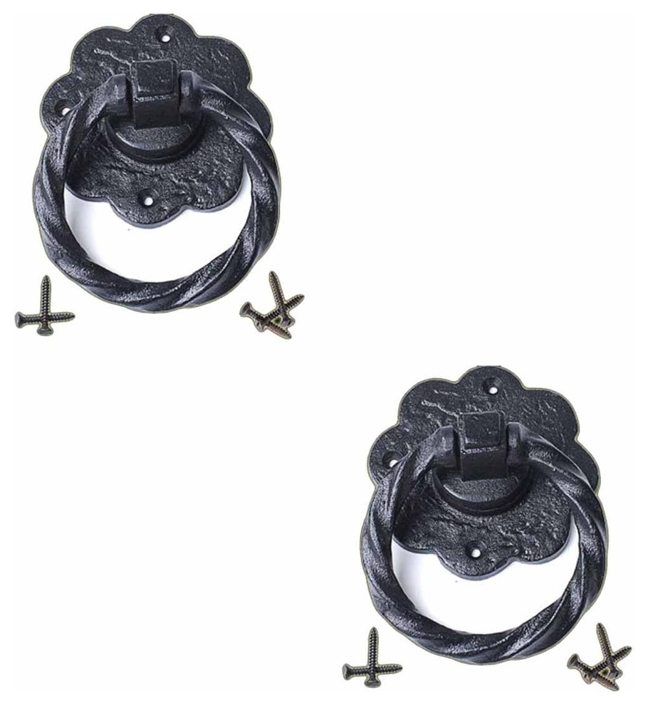 Ring Pull Cabinet Drawer or Door Pulls 5'' Black Wrought Iron with Hardware