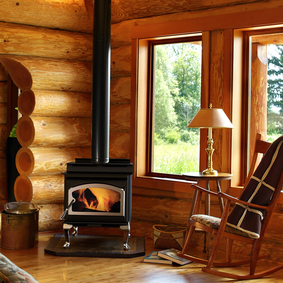 Inspiration for a timeless living room remodel in Orange County with a wood stove