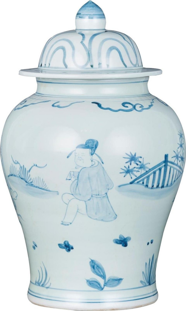 Temple Jar Vase Old Man White Blue Porcelain Handmade Han