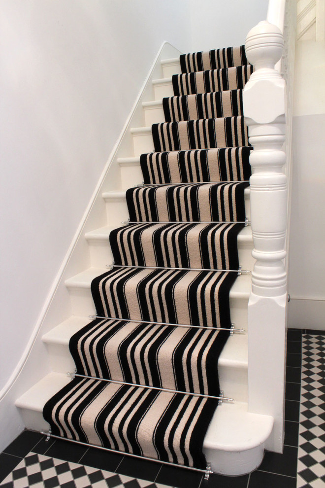 Black and white striped stair carpet runner Contemporary Staircase