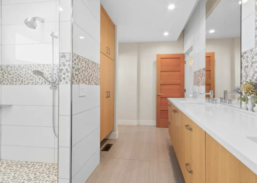 Doorless shower - large transitional master porcelain tile doorless shower idea with a hinged shower door and a floating vanity