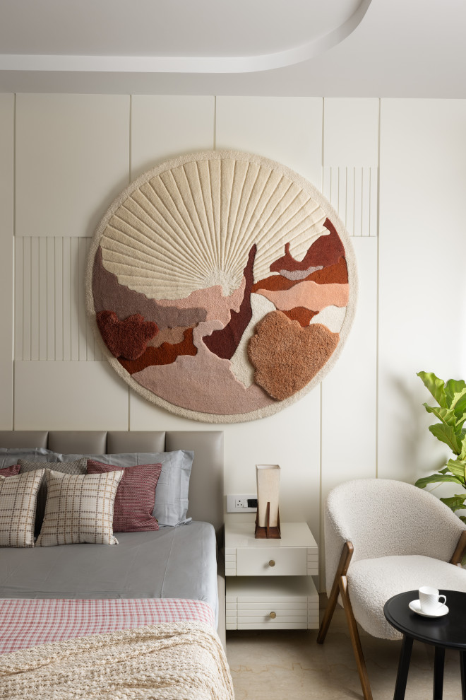 Photo of a contemporary bedroom in Bengaluru With White Walls.