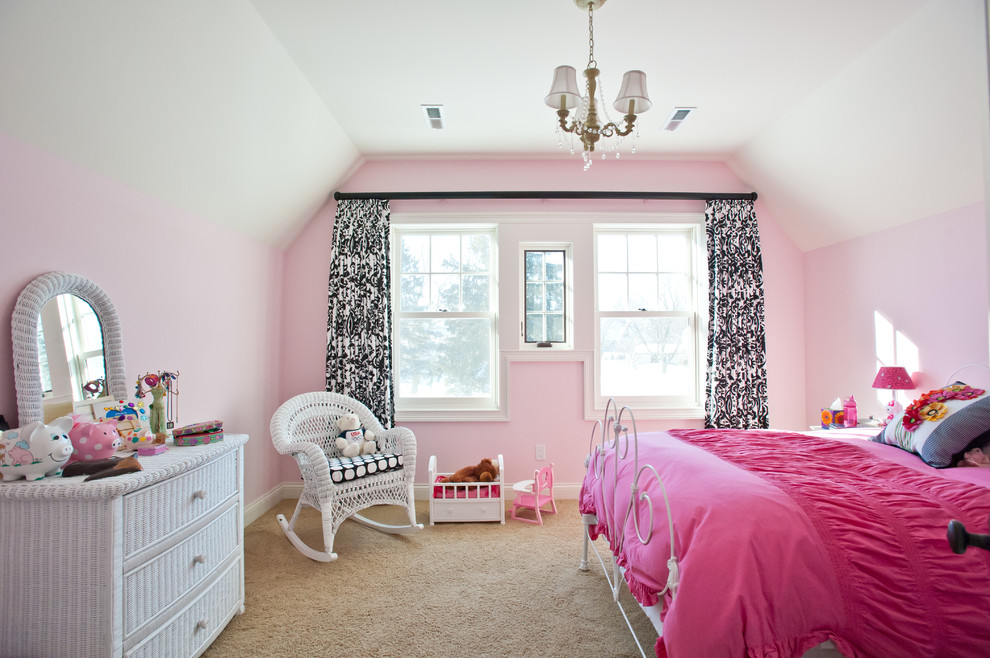 Mid-sized traditional kids' bedroom in Milwaukee with pink walls and carpet for kids 4-10 years old and girls.