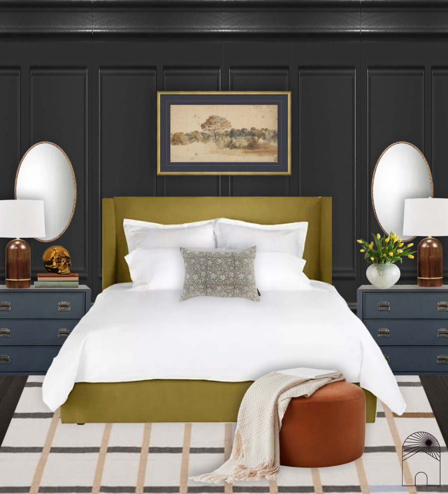 Foto de dormitorio principal bohemio de tamaño medio con paredes negras, suelo de madera oscura, suelo marrón y panelado