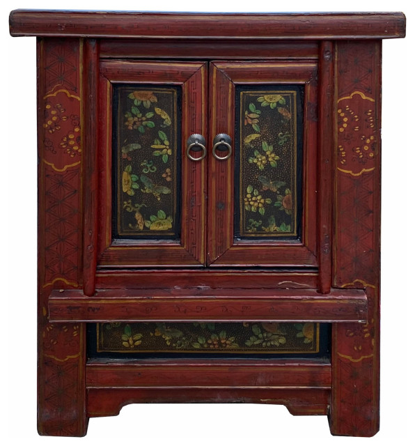 Chinese Vintage Brick Red Flower Graphic End Table Nightstand Hcs7070
