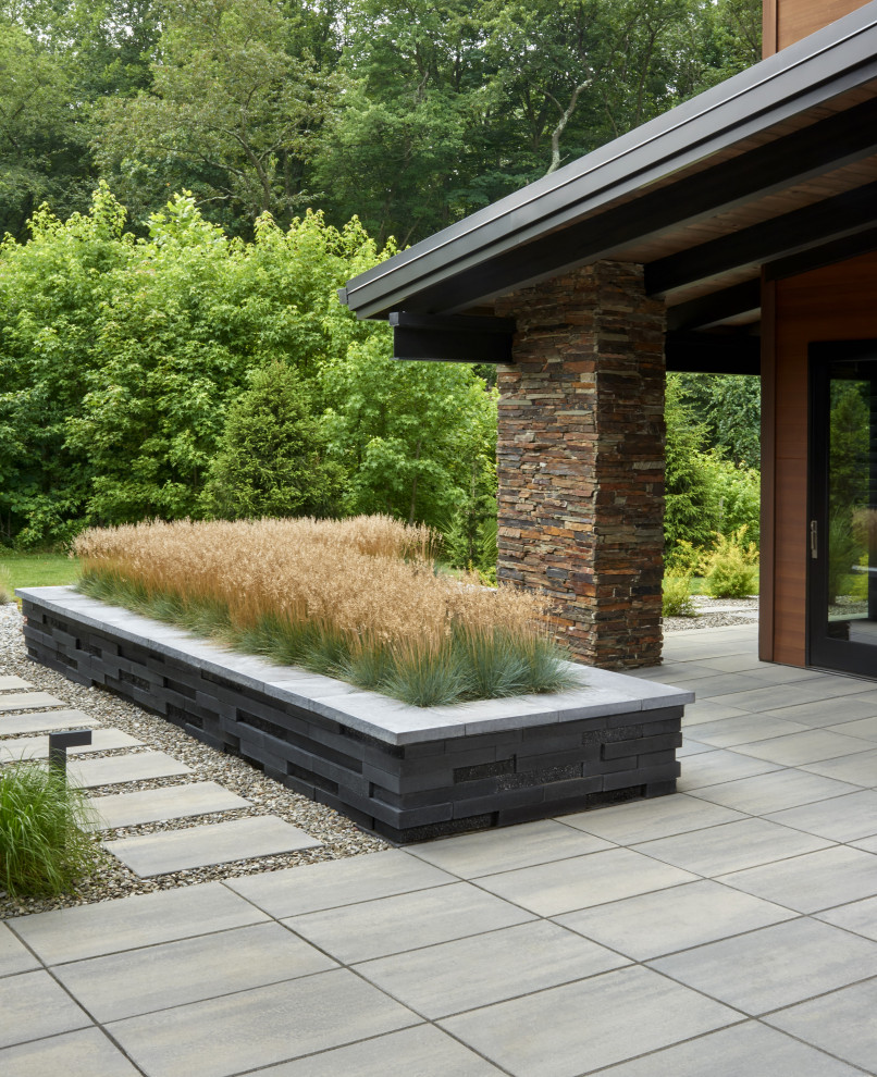 Photo of a modern backyard formal garden in Philadelphia with a garden path and concrete pavers.