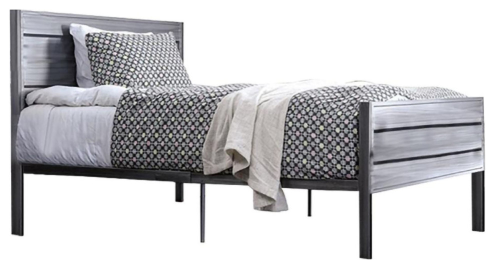 Queen Bed With Metal Recessed Panel Headboard and Footboard, Silver
