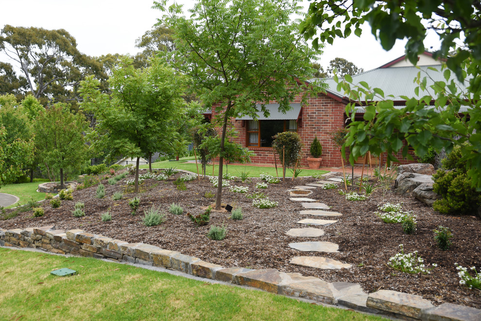 Design ideas for a large contemporary front yard full sun formal garden in Adelaide with a garden path and mulch.