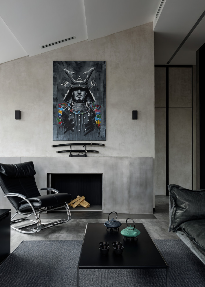 Immagine di un soggiorno design di medie dimensioni con pareti grigie, parete attrezzata, pavimento grigio e soffitto a volta