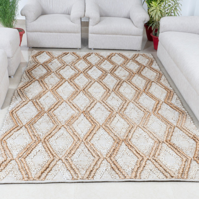 Hand Woven Ivory & Brown High/Low Diamond Geometric Jute Rug by Tufty Home, Bleach/Natural, 2.5x9