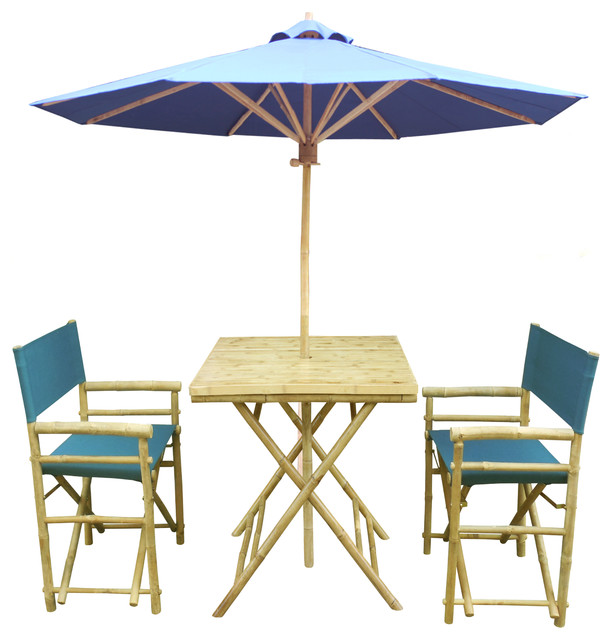 Set of Bamboo Square Table, 2 Director Chair, 1 Umbrealla, Navy