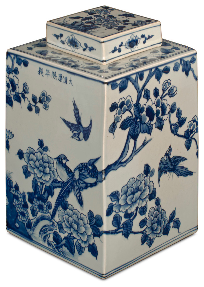 Blue and White Porcelain Flower and Birds Chinese Tea Jar Asian Decorative Jars And Urns