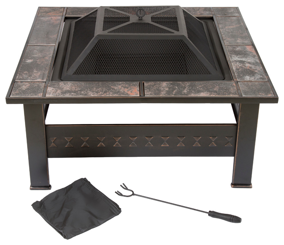 Pure Garden 32" Square Tile Fire Pit With Cover, Bronze Finish