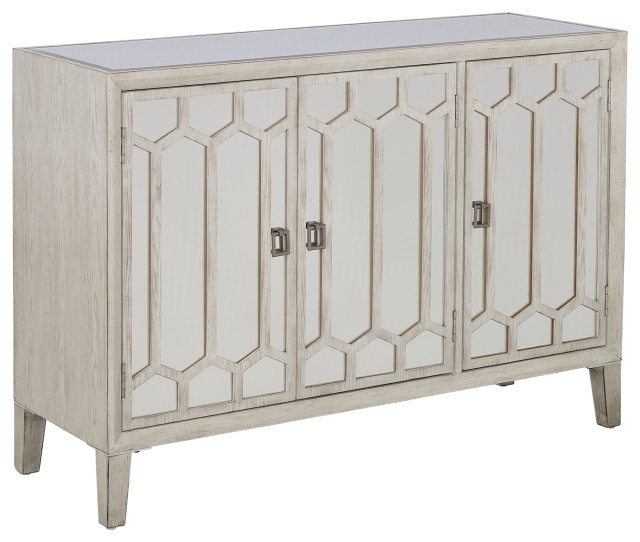 Ledger Aged White Three Door Credenza With Glass Inlay