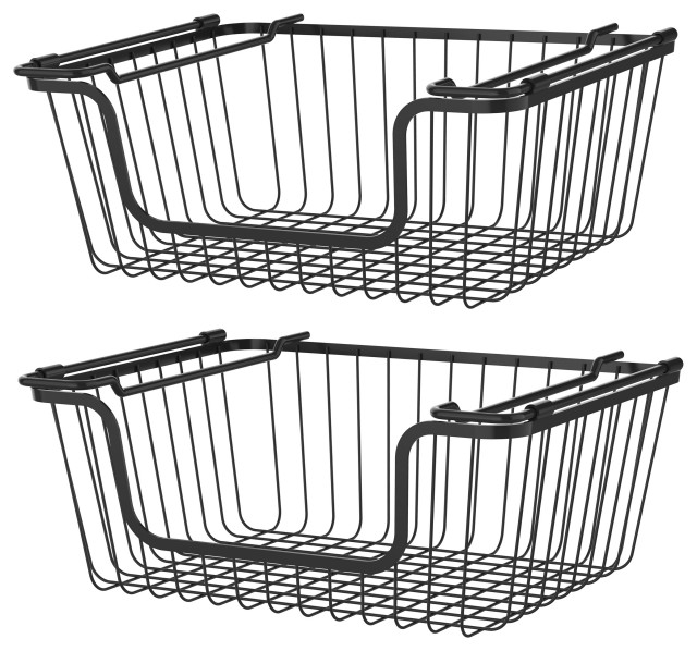 Oceanstar Stackable Metal Wire Storage Basket Set of 2, Black, Wide