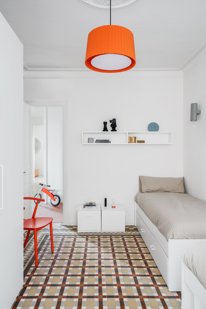 Design ideas for a mid-sized contemporary gender-neutral kids' bedroom in Other with white walls, ceramic floors and multi-coloured floor.