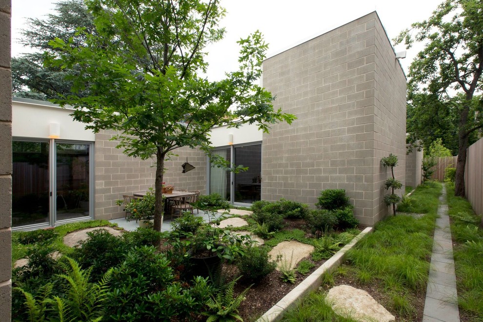 Photo of a mid-sized midcentury courtyard partial sun xeriscape in Boston with a garden path and natural stone pavers.
