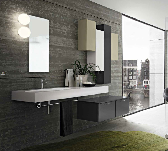 Inspiration for a mid-sized modern 3/4 bathroom in Miami with an integrated sink, raised-panel cabinets, dark wood cabinets, marble benchtops, white tile, brown walls and concrete floors.