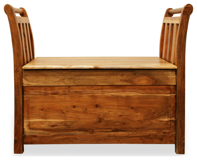 38" Natural Solid Wood Entryway Bench With Flip Top and High Sides