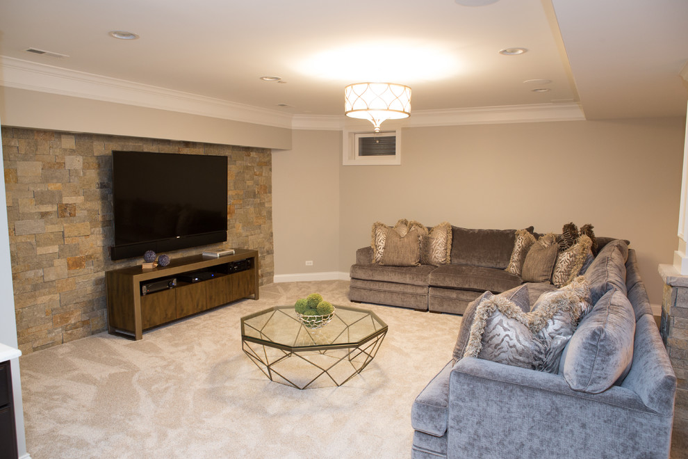 Example of a mid-sized classic underground carpeted and beige floor basement design in Chicago with gray walls
