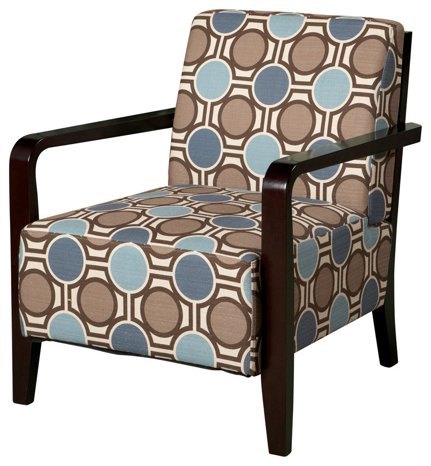 Powell Bentwood Arm Accent Chair with Brown/ Tan and Blue Patterned Fabric