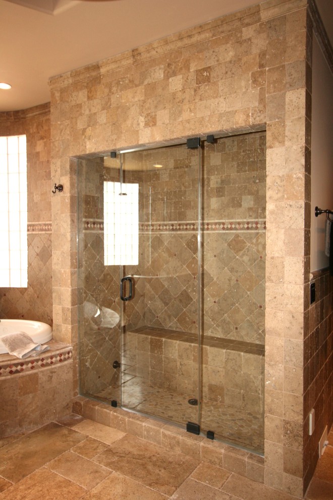 Design ideas for an eclectic bathroom in Phoenix with an open shower, stone tile and limestone floors.