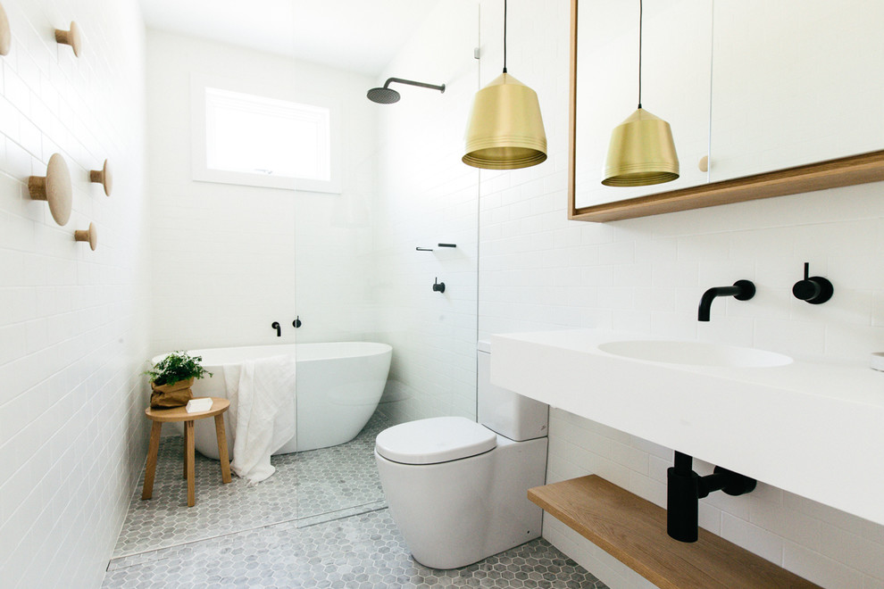 Design ideas for a small scandinavian bathroom in Sydney with white walls and white tile.