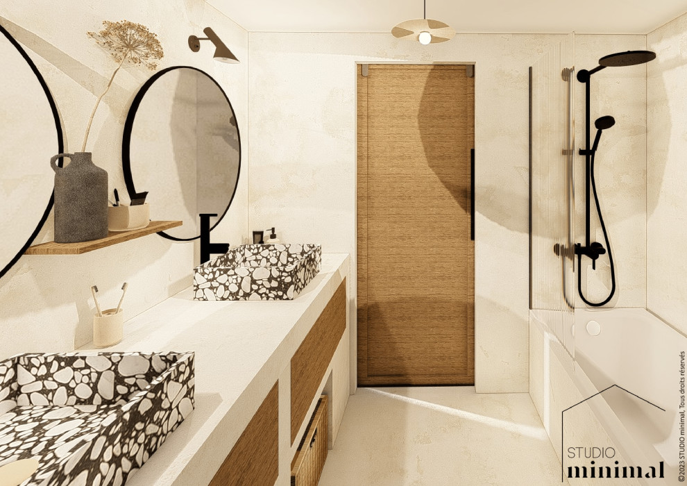 Design ideas for a medium sized mediterranean ensuite bathroom in Nice with beaded cabinets, medium wood cabinets, a submerged bath, a two-piece toilet, beige tiles, beige walls, concrete flooring, a built-in sink, concrete worktops, beige floors, beige worktops, double sinks and a built in vanity unit.