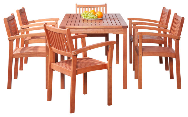 Vifah Malibu 7-Piece Wood Patio Dining Set With Stacking Chairs V98SET10
