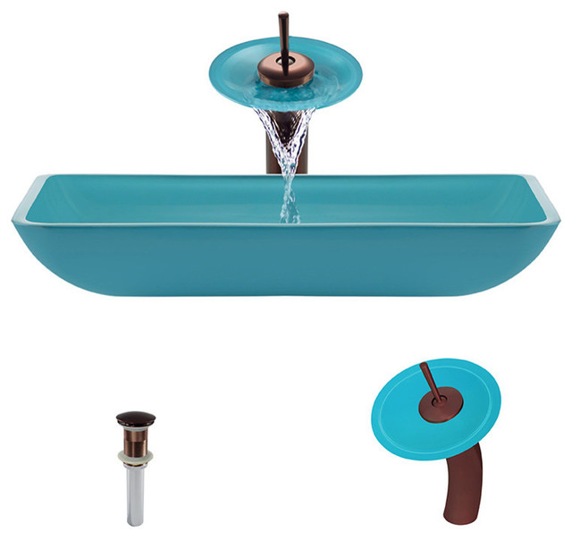 640 Colored Glass Vessel Sink, Turquoise, Waterfall Faucet, Oil Rubbed Bronze