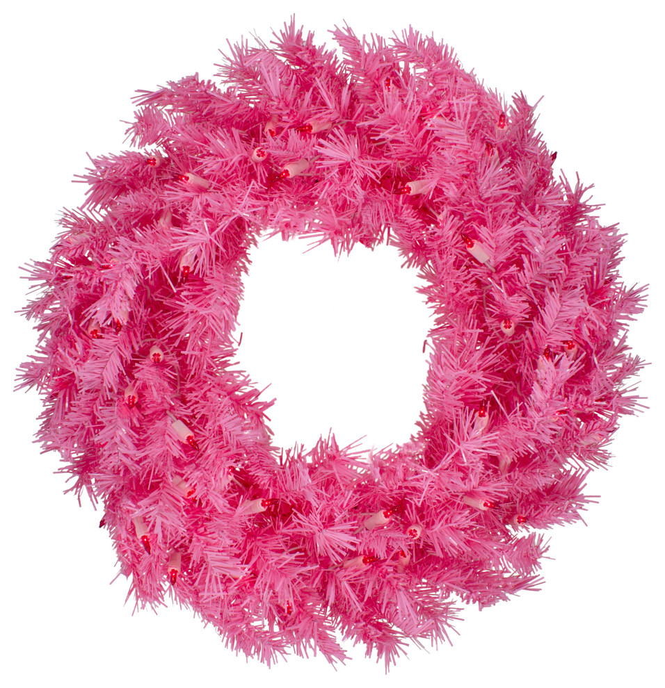 24" PreLit Pink Spruce Artificial Christmas Wreath Pink Lights