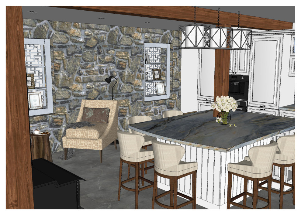 Кухня с большим островом в частном доме в США