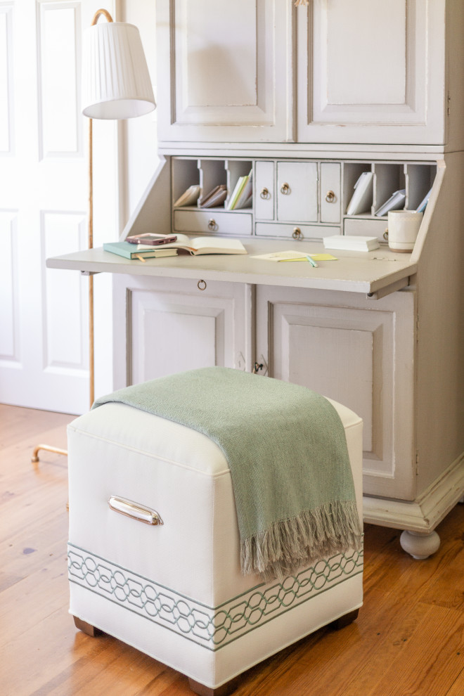 Inspiration for a transitional vaulted ceiling open concept kitchen remodel in Boston with a farmhouse sink, recessed-panel cabinets, beige cabinets, marble countertops, colored appliances, no island and white countertops